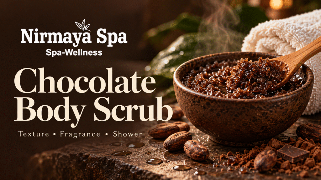 Nirmaya Spa logo beside a bowl of chocolate body scrub, a wooden spatula and a rolled towel.